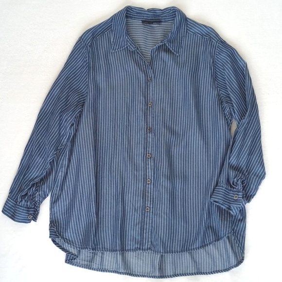 Jane + Delancey Blue White Pinstripe Long Sleeve Button Down Boyfriend Shirt 1X - Picture 6 of 14